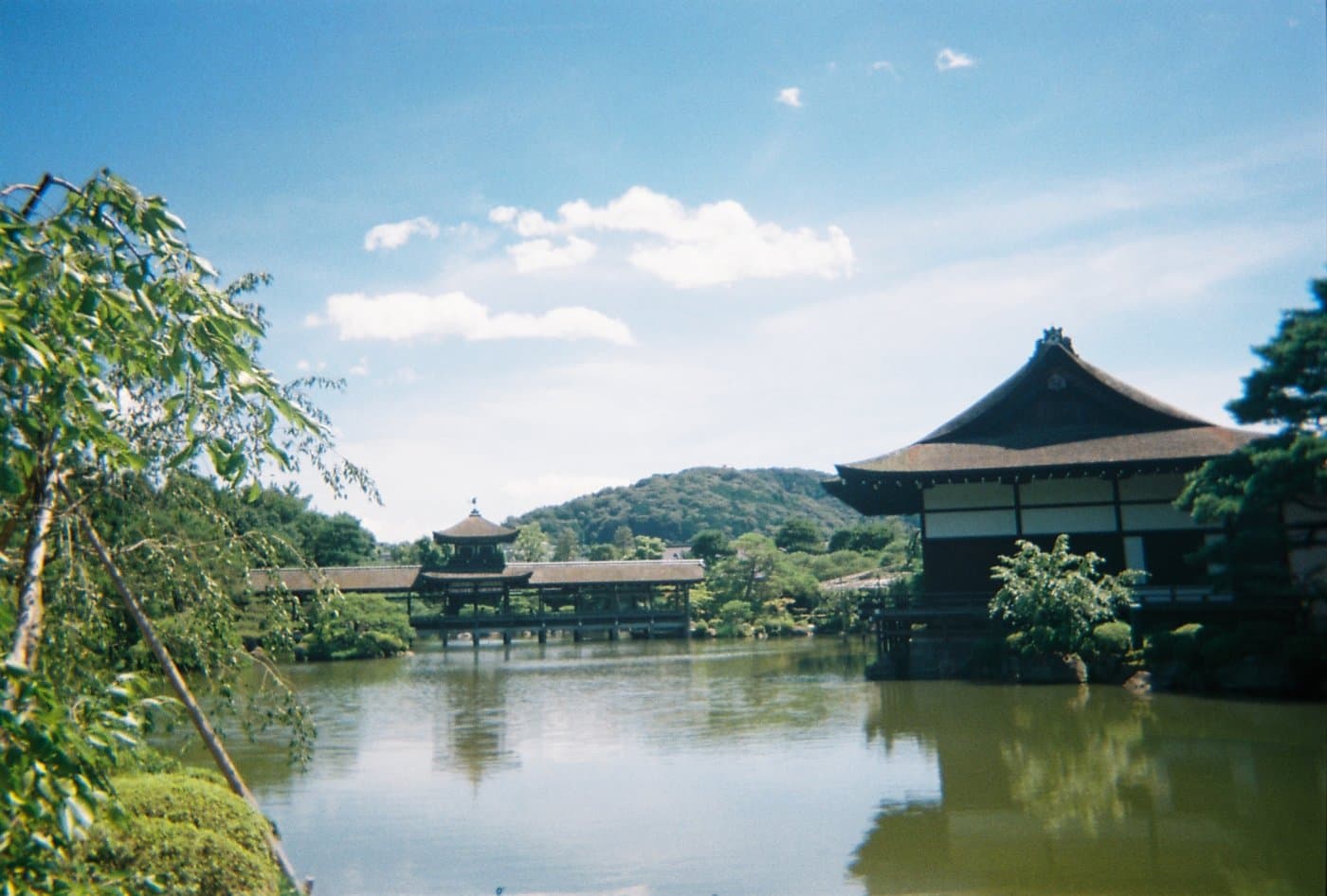 Pond and covered bridge in the garden of Heian Shrine